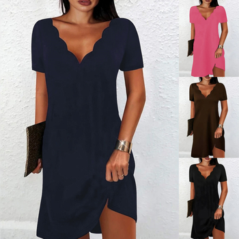 Женска рокля с миди дължина, А-линия, V-образно деколте, къс ръкав, полиестер, едноцветна, колажни панели