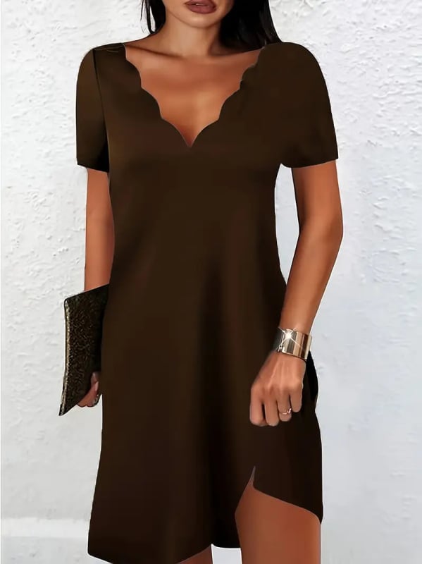 Женска рокля с миди дължина, А-линия, V-образно деколте, къс ръкав, полиестер, едноцветна, колажни панели