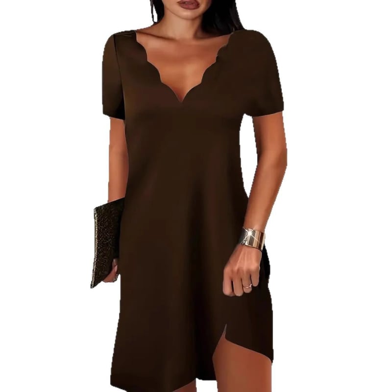 Женска рокля с миди дължина, А-линия, V-образно деколте, къс ръкав, полиестер, едноцветна, колажни панели