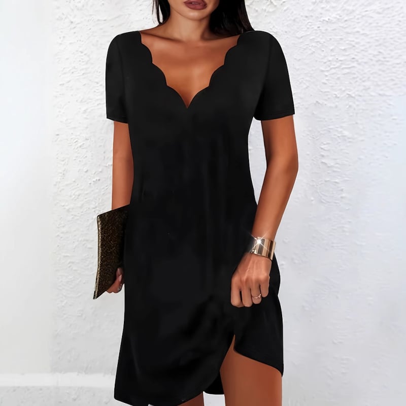 Женска рокля с миди дължина, А-линия, V-образно деколте, къс ръкав, полиестер, едноцветна, колажни панели