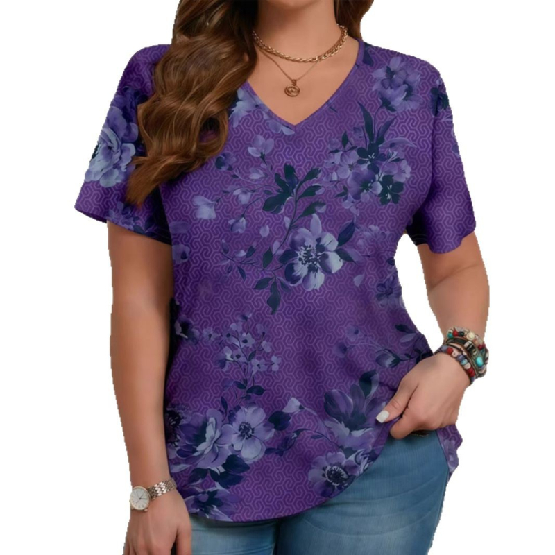 Sieviešu T-krekls ar V kaklu, īsām piedurknēm, 3D ziedu raksts, brīvs piegriezums, poliestera–spandeksa maisījums, vasara 2025