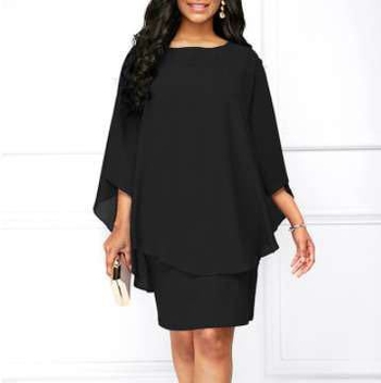 Φόρεμα chiffon midi με ψεύτικο διπλό overlay, μονόχρωμο, στρογγυλός λαιμός, μανίκια τύπου bat, ελαφρώς φαρδιά μέση, κομψό στυλ