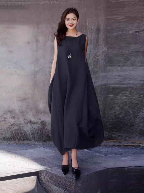 Rochie femei fără mâneci, midi, în A-line, cu guler polo, poliester, talie liberă