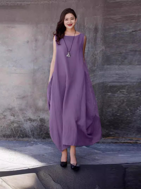 Rochie femei fără mâneci, midi, în A-line, cu guler polo, poliester, talie liberă