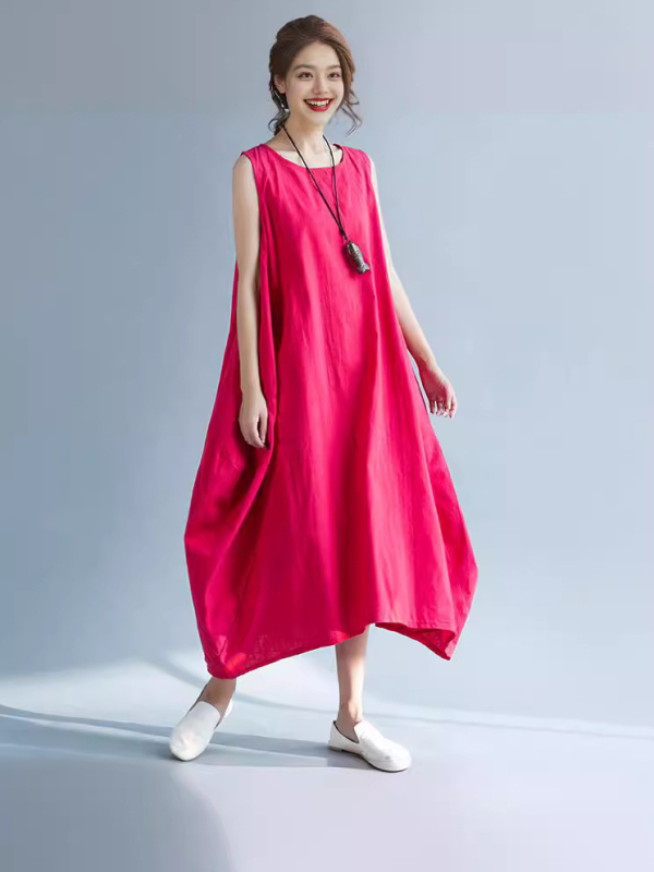 Rochie femei fără mâneci, midi, în A-line, cu guler polo, poliester, talie liberă