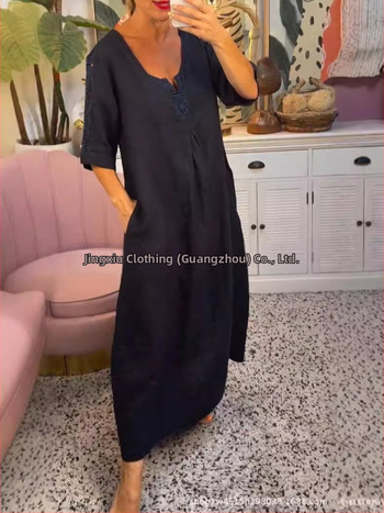 Δαντελένιο φόρεμα με V-λαιμό, 3/4 φουσκωτά μανίκια, μεσαίο μήκος φούστας τύπου κέικ, πολυεστέρας