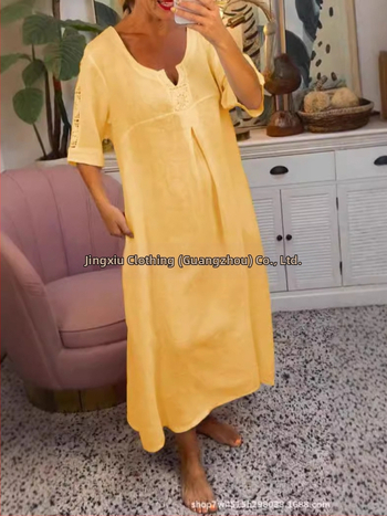 Δαντελένιο φόρεμα με V-λαιμό, 3/4 φουσκωτά μανίκια, μεσαίο μήκος φούστας τύπου κέικ, πολυεστέρας