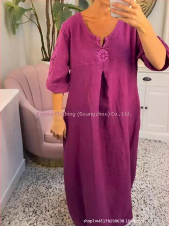 Δαντελένιο φόρεμα με V-λαιμό, 3/4 φουσκωτά μανίκια, μεσαίο μήκος φούστας τύπου κέικ, πολυεστέρας