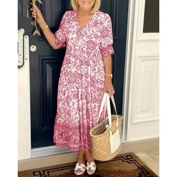 Φόρεμα με φλοράλ tie-dye εκτύπωση, midi μήκος, V-λαιμό, κοντά μανίκια, χαλαρή μέση