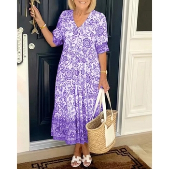 Φόρεμα με φλοράλ tie-dye εκτύπωση, midi μήκος, V-λαιμό, κοντά μανίκια, χαλαρή μέση