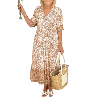 Φόρεμα με φλοράλ tie-dye εκτύπωση, midi μήκος, V-λαιμό, κοντά μανίκια, χαλαρή μέση