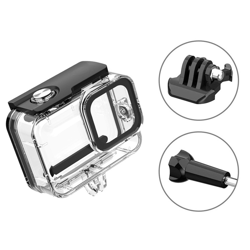 GoPro Hero9-11 vandeniui atsparus apsauginis korpusas – Yujia Bao, aplinkai draugiška PC medžiaga, suderinama su Hero9-11, komplektu sudaro pagrindas, ilgi varžtai ir įpakavimo dėžutė; logotipo spauda OK