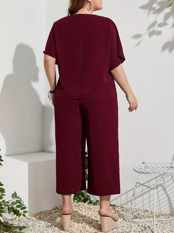 Дамски летен двучастен комплект: топ с кръгло деколте и 3/4 ръкав + широки панталони, полиестер, ежедневен японско-корейски стил, лято 2024