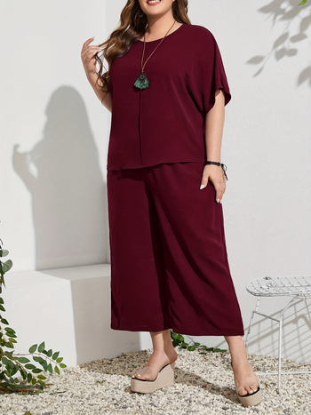 Дамски летен двучастен комплект: топ с кръгло деколте и 3/4 ръкав + широки панталони, полиестер, ежедневен японско-корейски стил, лято 2024