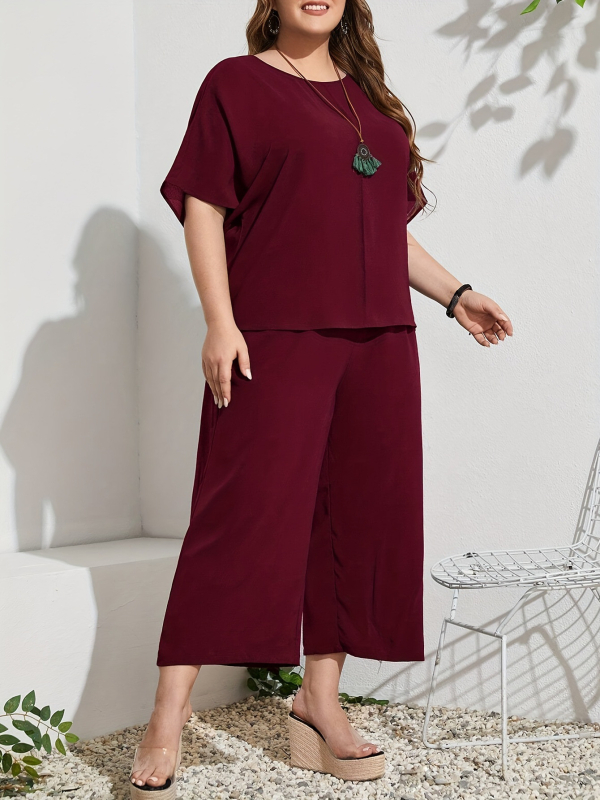 Дамски летен двучастен комплект: топ с кръгло деколте и 3/4 ръкав + широки панталони, полиестер, ежедневен японско-корейски стил, лято 2024