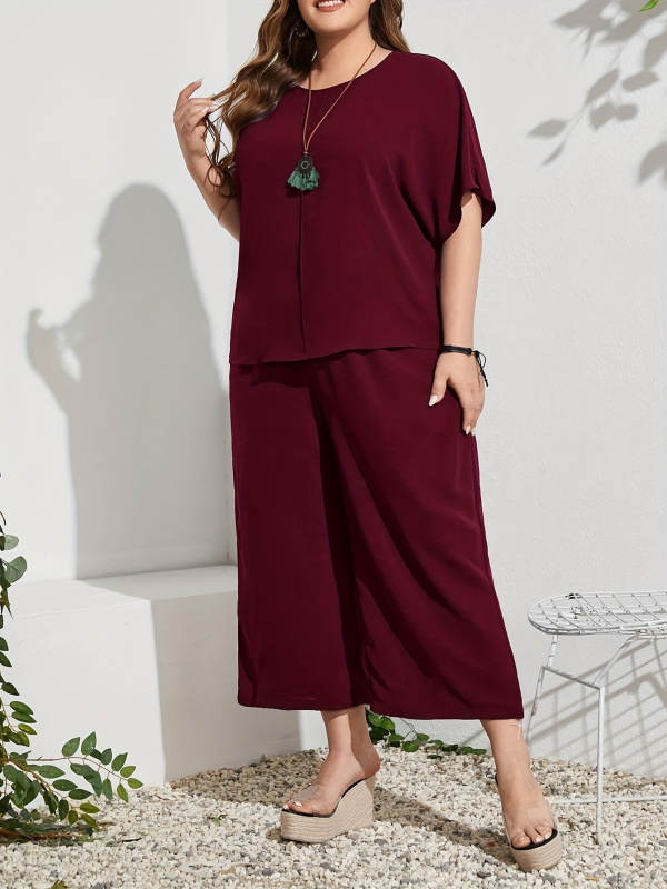 Дамски летен двучастен комплект: топ с кръгло деколте и 3/4 ръкав + широки панталони, полиестер, ежедневен японско-корейски стил, лято 2024