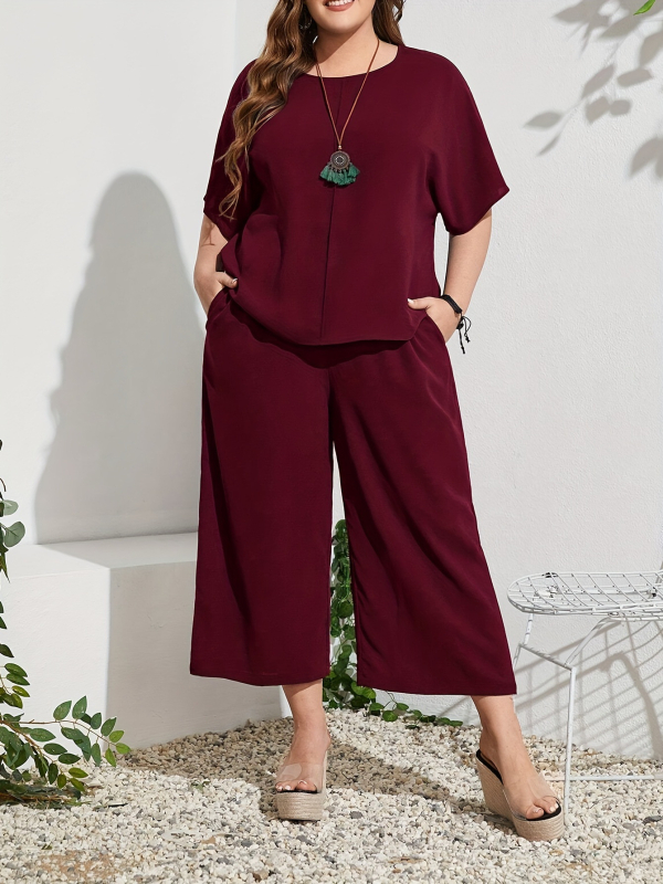 Дамски летен двучастен комплект: топ с кръгло деколте и 3/4 ръкав + широки панталони, полиестер, ежедневен японско-корейски стил, лято 2024