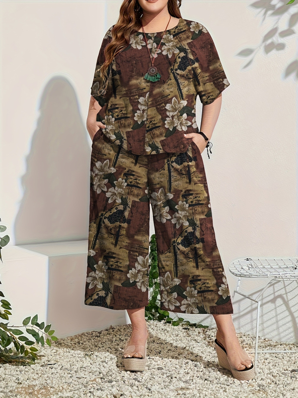 Дамски летен двучастен комплект: топ с кръгло деколте и 3/4 ръкав + широки панталони, полиестер, ежедневен японско-корейски стил, лято 2024