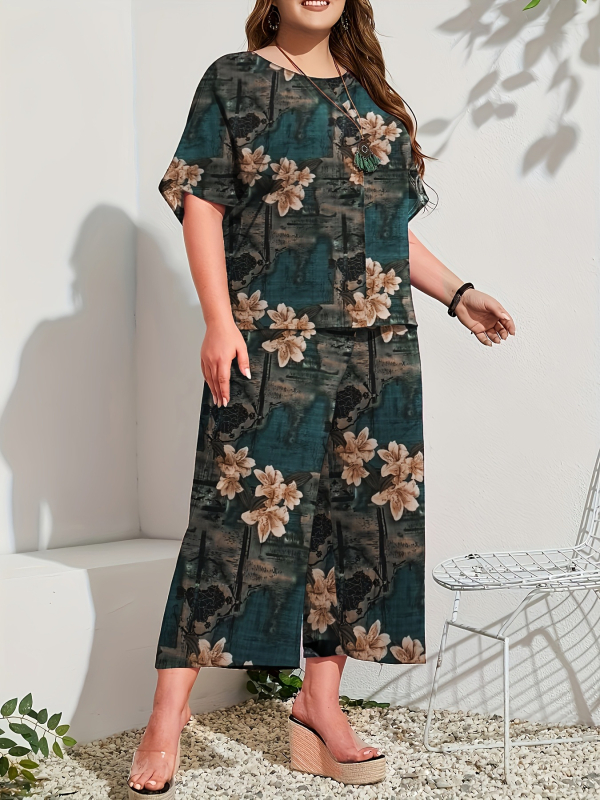 Дамски летен двучастен комплект: топ с кръгло деколте и 3/4 ръкав + широки панталони, полиестер, ежедневен японско-корейски стил, лято 2024