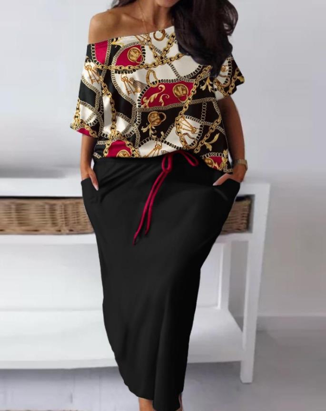 Két darabos szett: nyomtatott tie-dye póló és szoknya, rövid ujjú póló U-nyakkal, poliészter-spandex keverék, nyár 2024