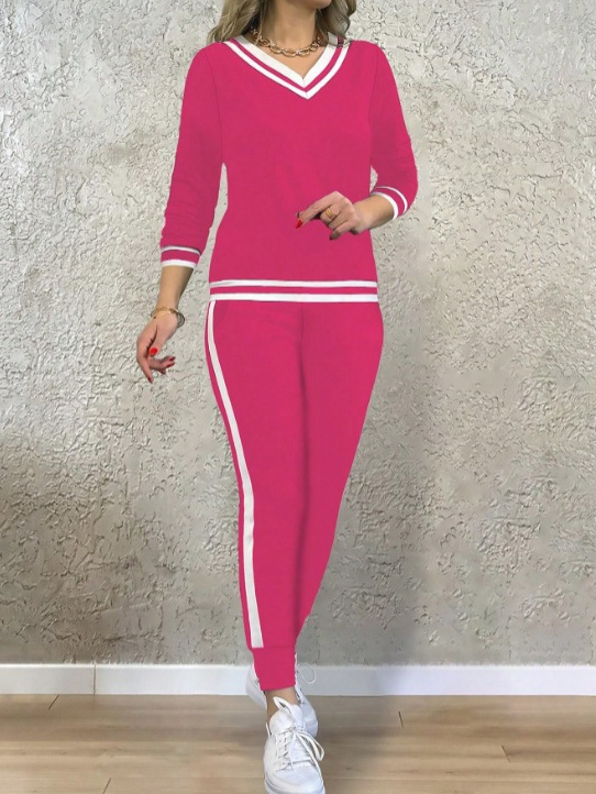 Ženski hlačni kostim, casual sportski stil, dugi rukav, poliester-spandeks mješavina (90-95% poliester, 5-10% spandex), jesen 2024