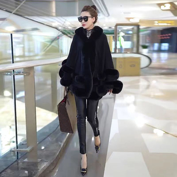 Palton tricotat pentru femei, cu guler din blană artificială de iepure Rex, capa din blană dublă, glugă, tricotat din acril