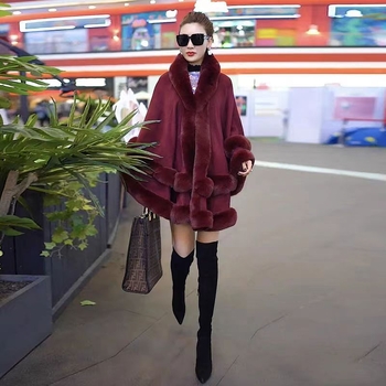 Palton tricotat pentru femei, cu guler din blană artificială de iepure Rex, capa din blană dublă, glugă, tricotat din acril