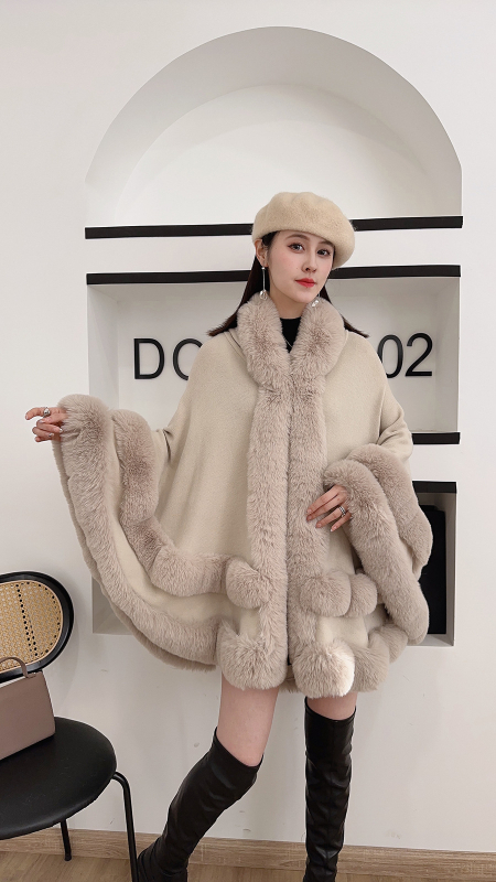 Palton tricotat pentru femei, cu guler din blană artificială de iepure Rex, capa din blană dublă, glugă, tricotat din acril