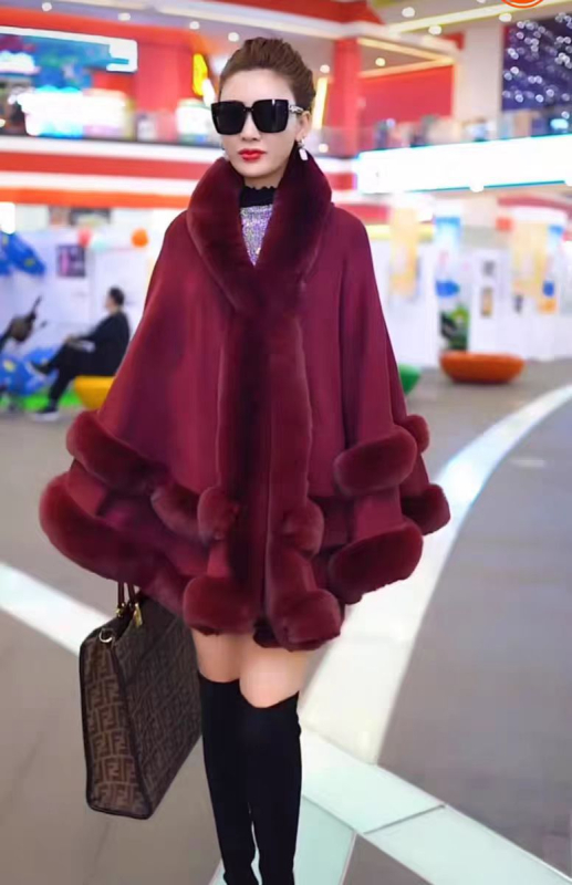 Palton tricotat pentru femei, cu guler din blană artificială de iepure Rex, capa din blană dublă, glugă, tricotat din acril