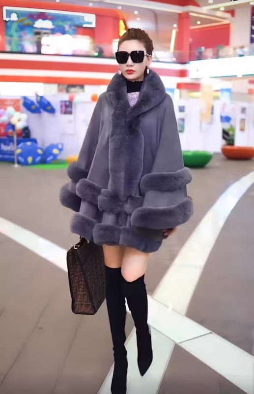 Palton tricotat pentru femei, cu guler din blană artificială de iepure Rex, capa din blană dublă, glugă, tricotat din acril