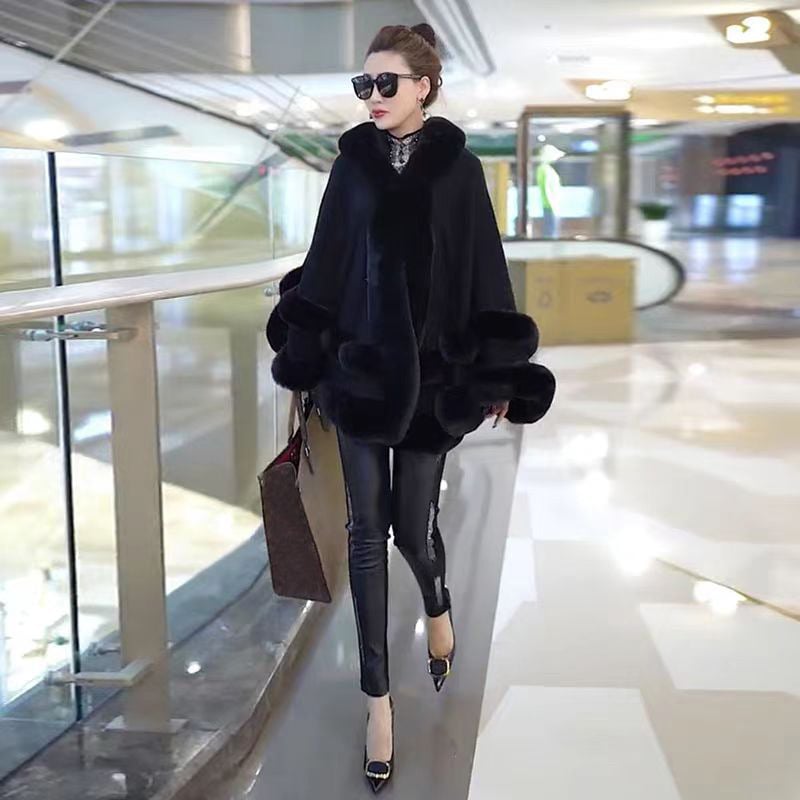 Palton tricotat pentru femei, cu guler din blană artificială de iepure Rex, capa din blană dublă, glugă, tricotat din acril