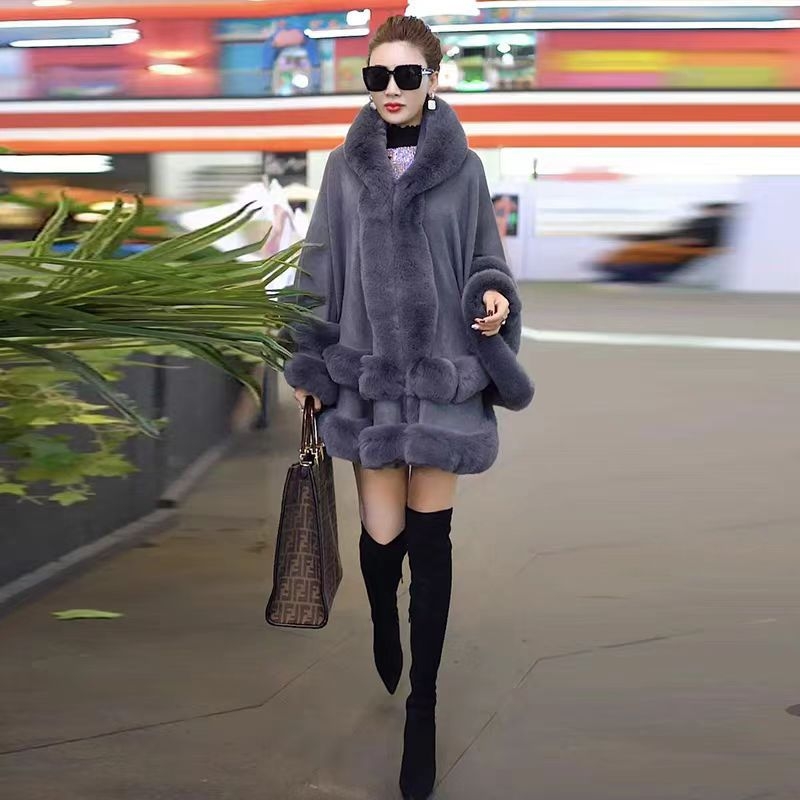 Palton tricotat pentru femei, cu guler din blană artificială de iepure Rex, capa din blană dublă, glugă, tricotat din acril