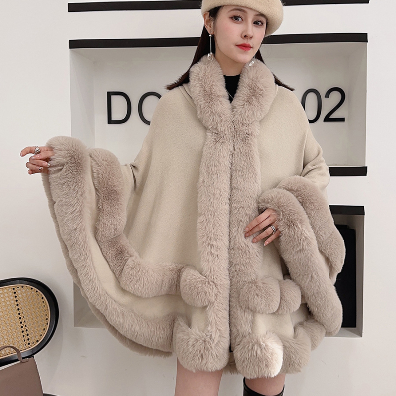 Palton tricotat pentru femei, cu guler din blană artificială de iepure Rex, capa din blană dublă, glugă, tricotat din acril
