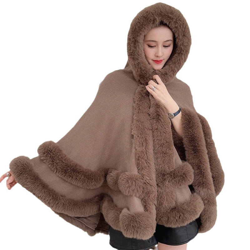 Palton tricotat pentru femei, cu guler din blană artificială de iepure Rex, capa din blană dublă, glugă, tricotat din acril
