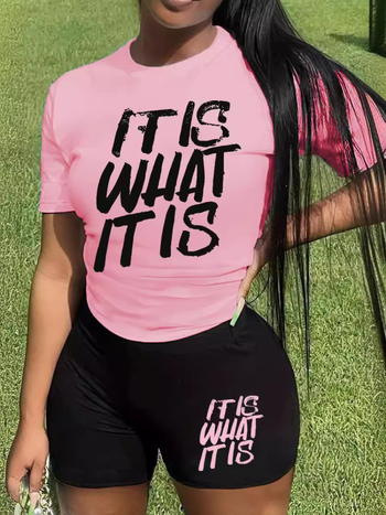 Set de două piese pentru femei: top cu mânecă scurtă și șorturi cu imprimeu litere, poliester, primăvara 2024, stil casual de lucru