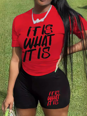 Γυναικείο σετ δύο τεμαχίων: τοπ με κοντά μανίκια και σορτς με εκτύπωση γραμμάτων, πολυεστέρας, άνοιξη 2024, casual επαγγελματικό στυλ