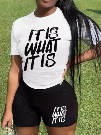 Γυναικείο σετ δύο τεμαχίων: τοπ με κοντά μανίκια και σορτς με εκτύπωση γραμμάτων, πολυεστέρας, άνοιξη 2024, casual επαγγελματικό στυλ