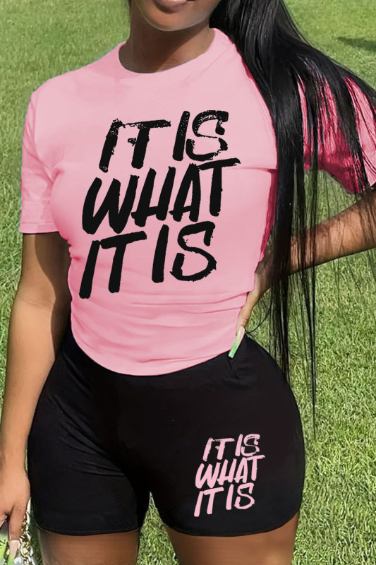 Set de două piese pentru femei: top cu mânecă scurtă și șorturi cu imprimeu litere, poliester, primăvara 2024, stil casual de lucru