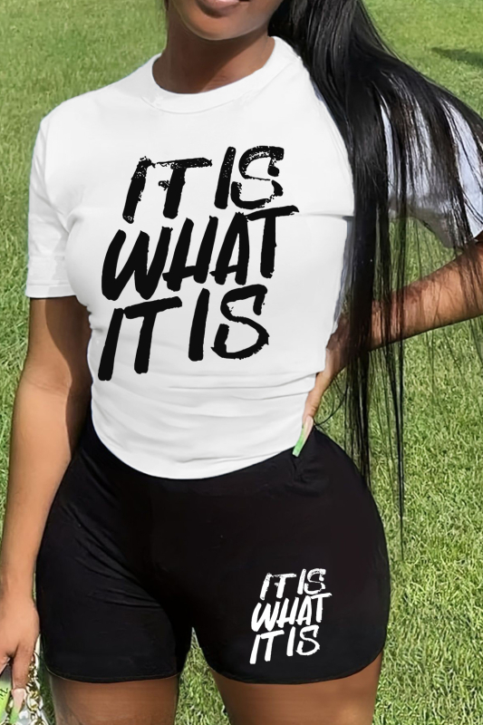 Set de două piese pentru femei: top cu mânecă scurtă și șorturi cu imprimeu litere, poliester, primăvara 2024, stil casual de lucru