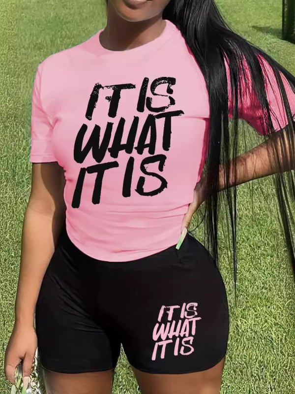 Set de două piese pentru femei: top cu mânecă scurtă și șorturi cu imprimeu litere, poliester, primăvara 2024, stil casual de lucru