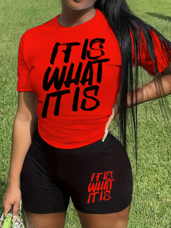 Set de două piese pentru femei: top cu mânecă scurtă și șorturi cu imprimeu litere, poliester, primăvara 2024, stil casual de lucru