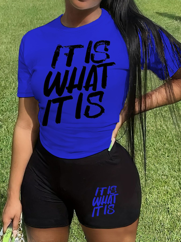 Set de două piese pentru femei: top cu mânecă scurtă și șorturi cu imprimeu litere, poliester, primăvara 2024, stil casual de lucru