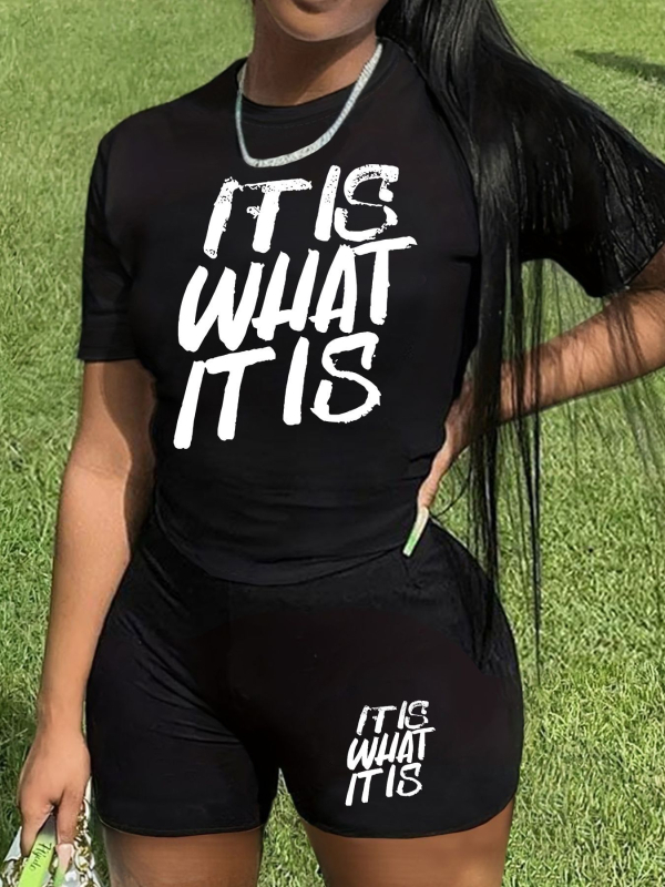 Set de două piese pentru femei: top cu mânecă scurtă și șorturi cu imprimeu litere, poliester, primăvara 2024, stil casual de lucru