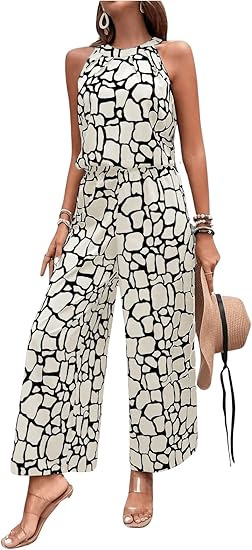 Дамски двусъставен комплект: халтер без ръкав топ и панталони с широки крачоли, геометричен принт | Полиестер 70–80% основна тъкан