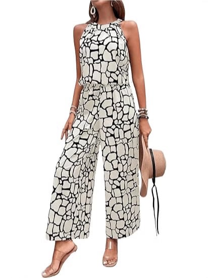 Дамски двусъставен комплект: халтер без ръкав топ и панталони с широки крачоли, геометричен принт | Полиестер 70–80% основна тъкан