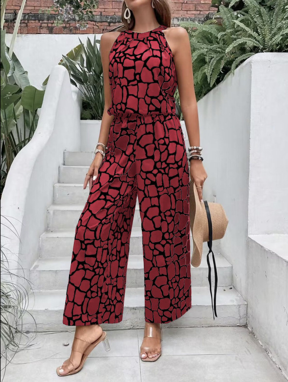 Дамски двусъставен комплект: халтер без ръкав топ и панталони с широки крачоли, геометричен принт | Полиестер 70–80% основна тъкан