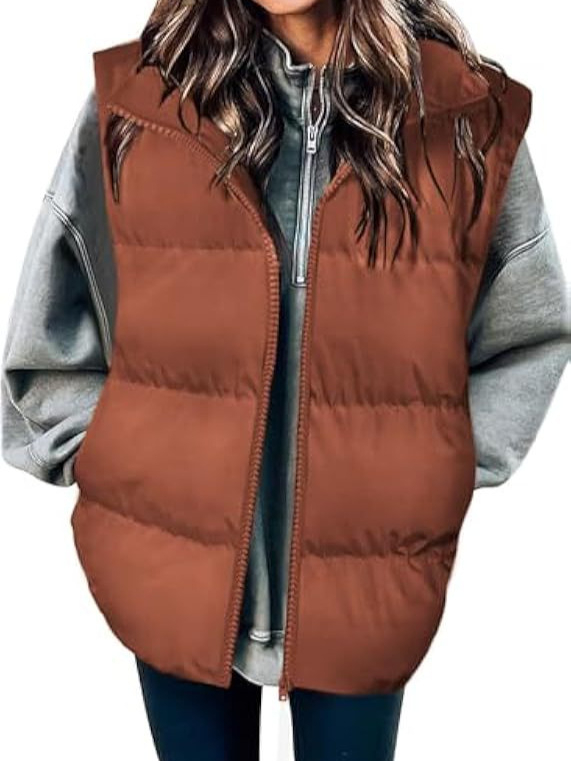 Γυναικείο χειμωνιάτικο βαμβακερό γιλέκο χωρίς μανίκια με γέμισμα πολυεστέρα-βαμβάκι, φερμουάρ και χαλαρή γραμμή