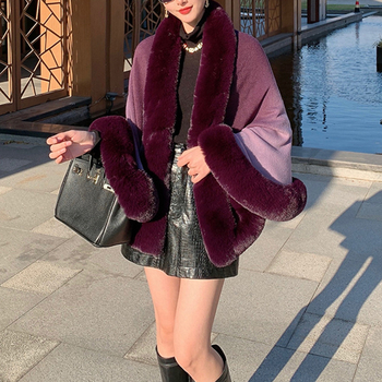 Cardigan cu guler din blană de iepure Rex, tricot în gradient, amestec acrilic-Rex, decolteu în V, croială lejeră