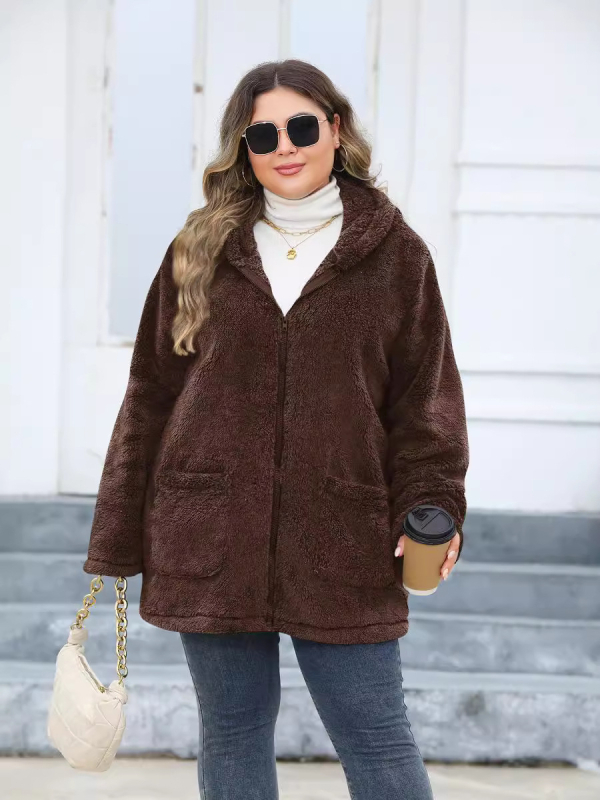 Moteriška kapuciuota pliušinė striukė iš poliesterio, japonų–korejiečių laisvalaikio stilius, poliesteris ≥95%, ilgos rankovės