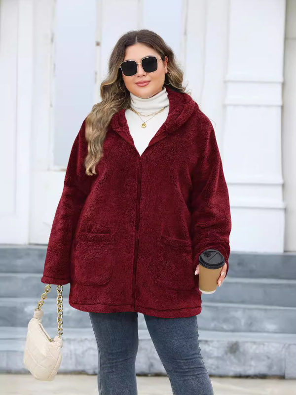 Moteriška kapuciuota pliušinė striukė iš poliesterio, japonų–korejiečių laisvalaikio stilius, poliesteris ≥95%, ilgos rankovės